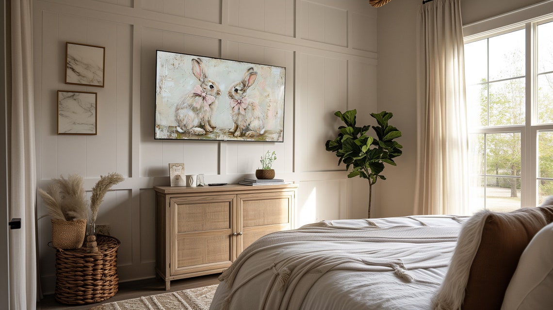 Two Bunnies Pink Bows Vintage Spring Rabbit Gift Painting Wall Art - Image 3