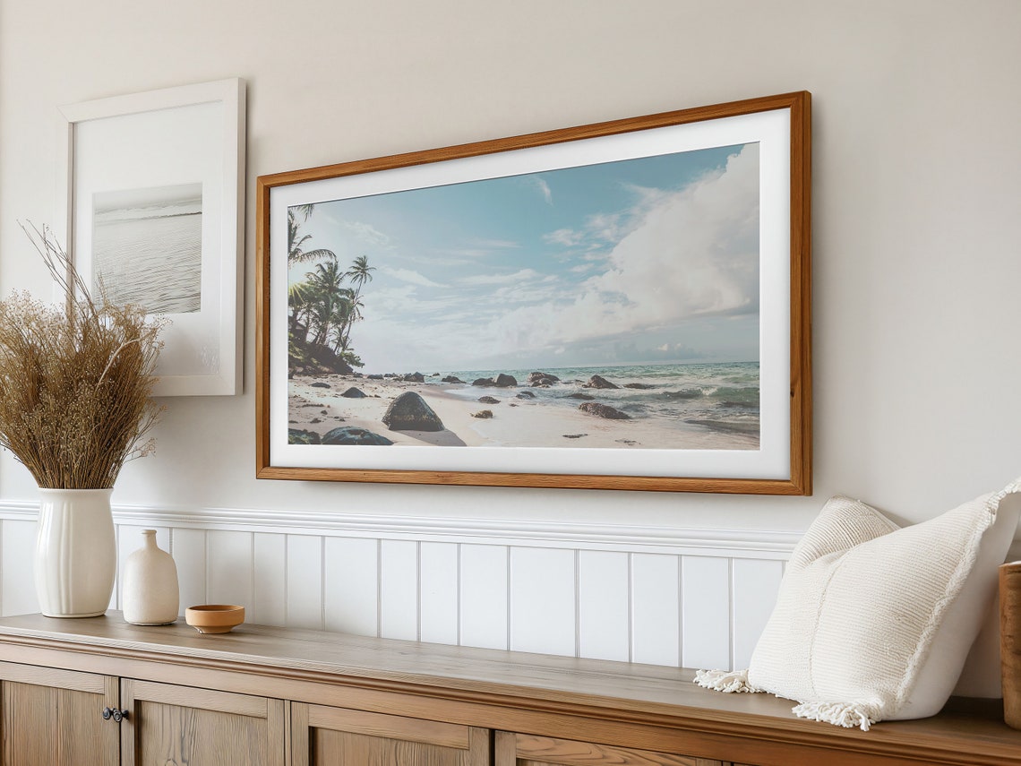 Tropical Palm Beach Rocky Shore Bright Blue Sky Photo Poster - Image 3
