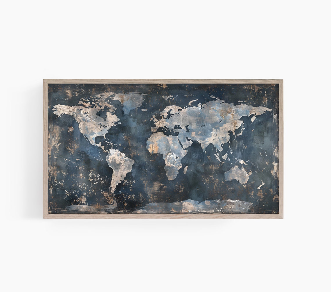 Vintage World Map Distressed Navy Global Continents Travel Poster