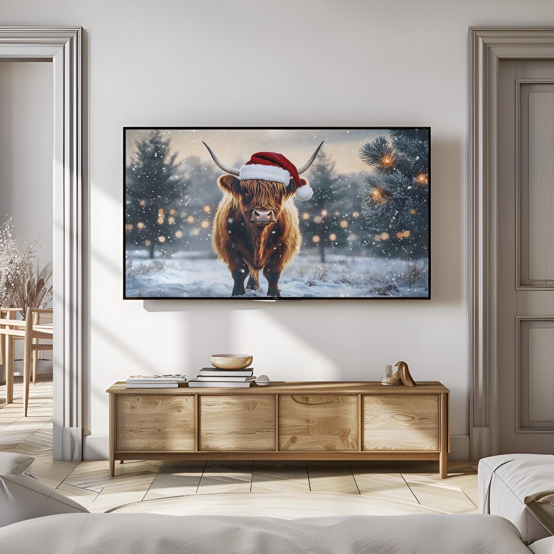 Highland Cow Wearing Santa Hat, Christmas Art Print - Image 3
