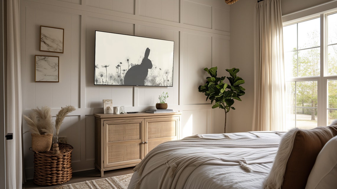 Black Rabbit Silhouette Daisy Meadow Minimal Neutral Art Poster - Image 2