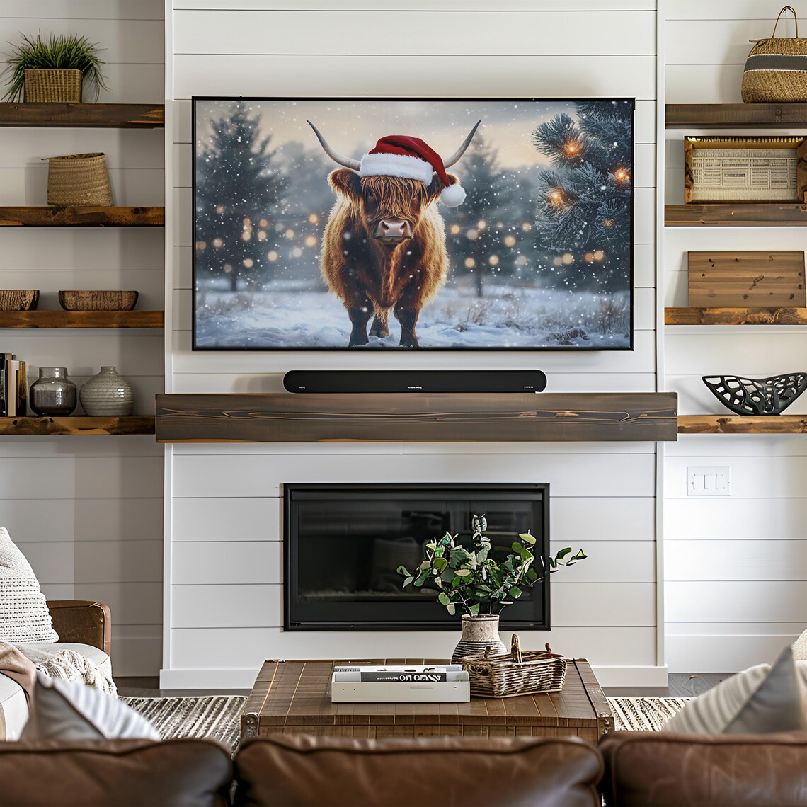 Highland Cow Wearing Santa Hat, Christmas Art Print - Image 2