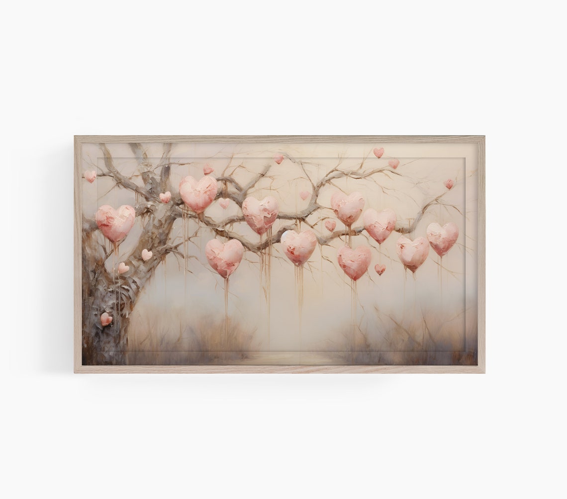 Pink Hearts Hanging From Tree Branches Valentine Love Art Poster