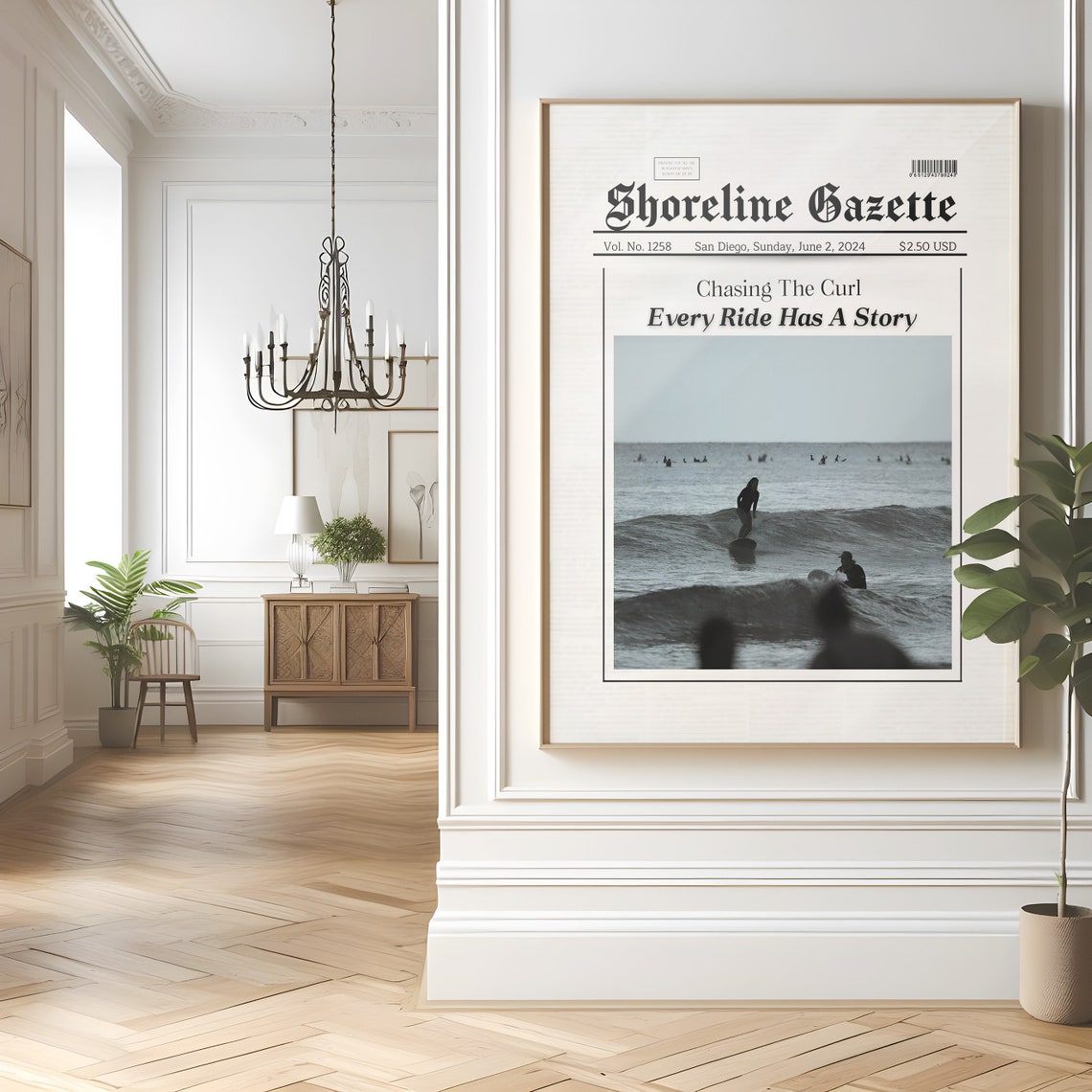 Shoreline Gazette Surfing Newspaper Black and White Surf Poster - Image 3