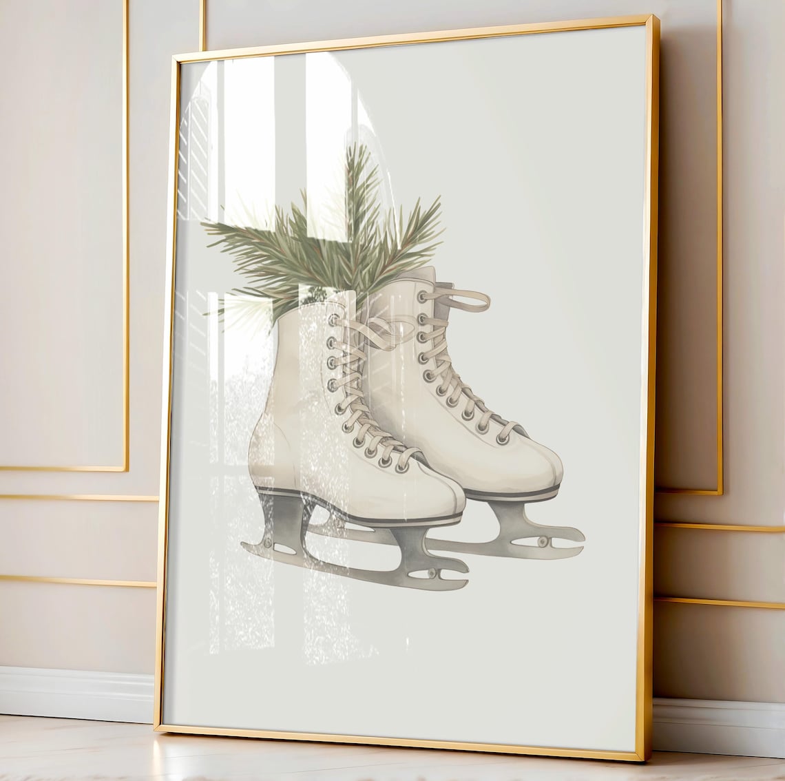 White Ice Skates Watercolor With Pine Sprigs Elegant Winter Christmas Wall Art