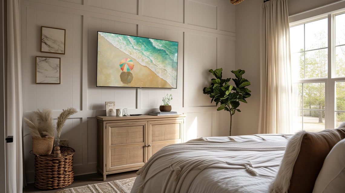 Aerial Rainbow Beach Umbrella Turquoise Surf Painting Art Poster - Image 2