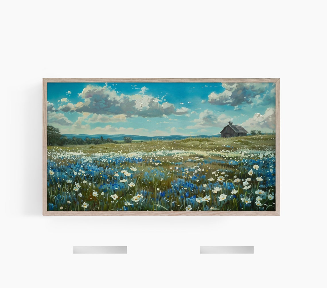 Blue White Wildflower Field Rustic Barn Summer Meadow Poster