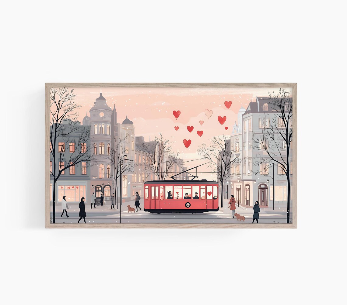 European City Tram Street Romantic Hearts Vintage Travel Poster