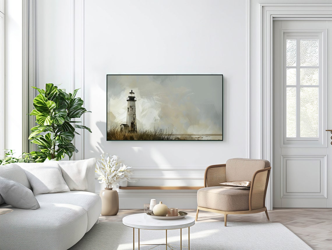 Weathered White Lighthouse Cloudy Coast Rustic Painting Art Poster - Image 2