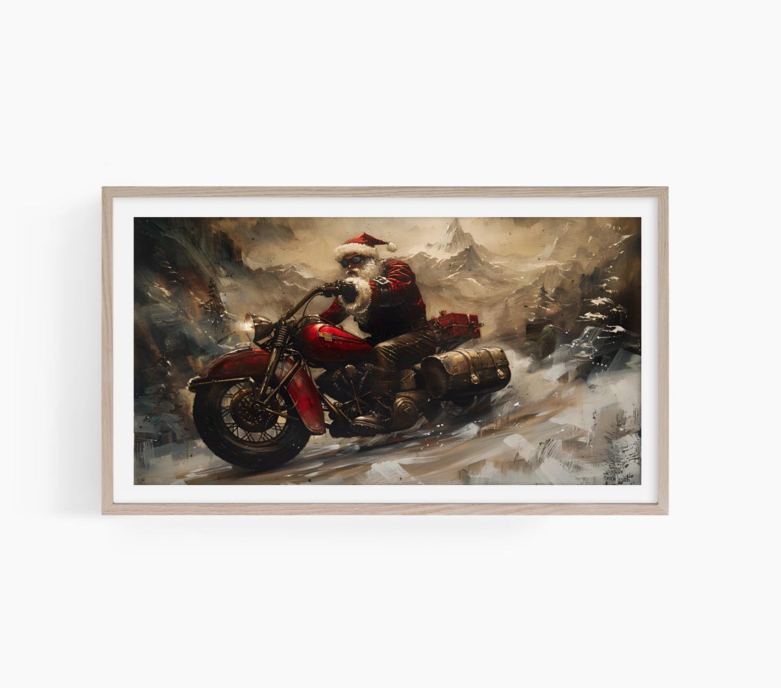 Santa Claus Riding Red Motorcycle Snowy Mountain Painting Poster