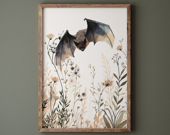 Bat and Wildflowers Poster, Vintage Watercolor Art Print