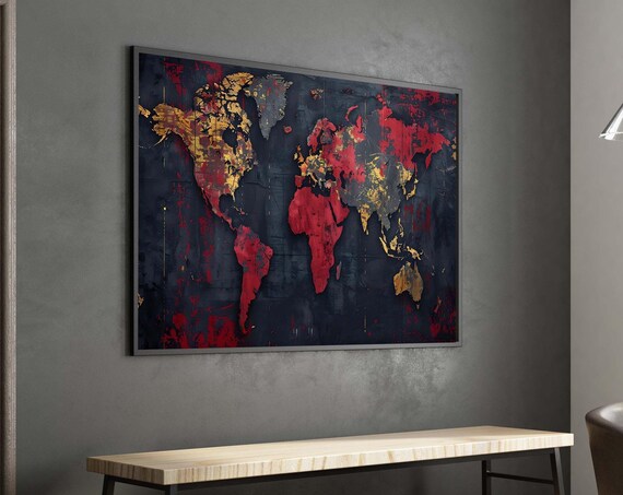 Red And Gold World Map Abstract Global Art Modern Textured Canvas Luxury Wall Decor Contemporary Poster Ready To Hang