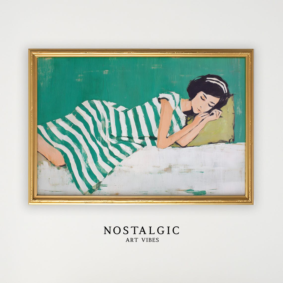Woman Sleeping Wall Art Muted Green Wall Art Dark Hair Girl Sleeping Art Teenage Bedroom Wall Art Minimalist Dorm Room Wall Art