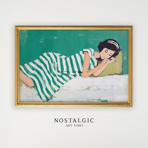 Woman in a Green Striped Dress Sleeping Vintage Retro Art Poster