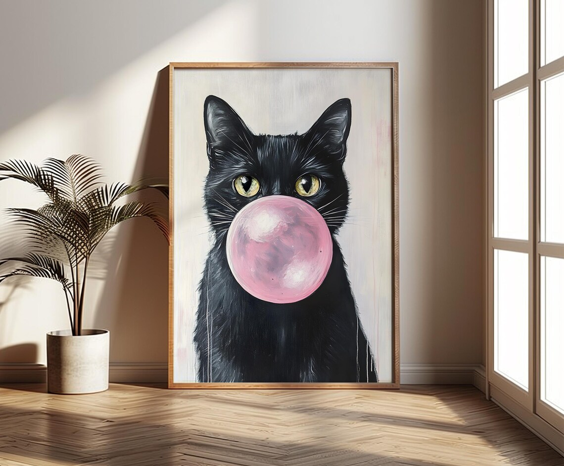 Black Cat Pink Bubble Gum, Funny Cat Art Print