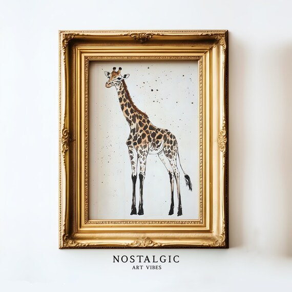 Watercolor Giraffe Standing Nursery Animal Ink Drawing Poster