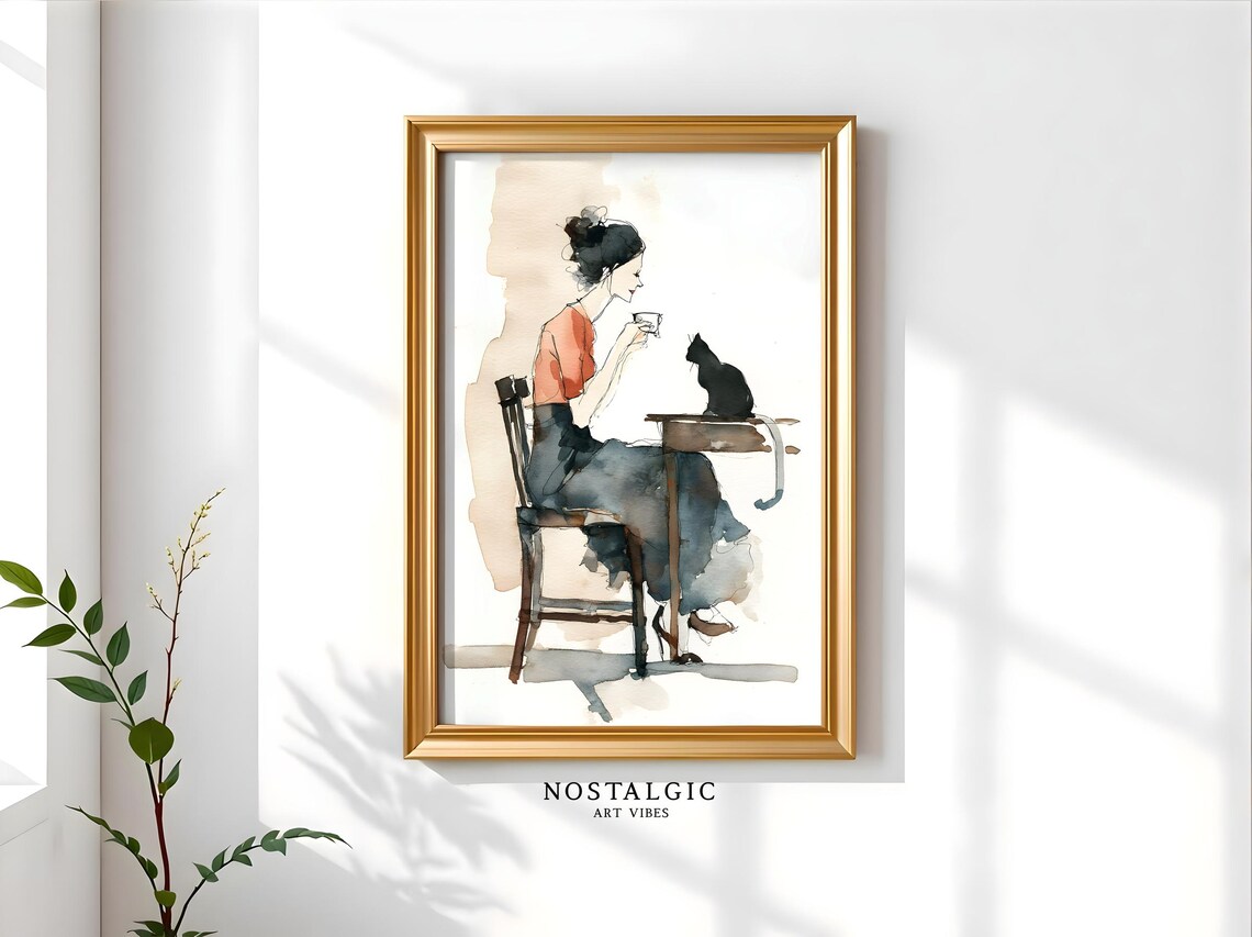 Stylish Woman Drinking Coffee With Black Cat Watercolor Art Poster - Image 2