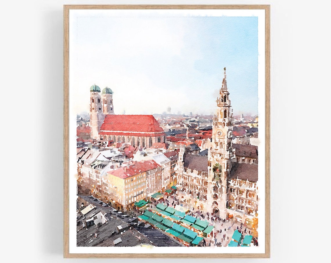 Munich Marienplatz Rathaus Glockenspiel Watercolor Germany Wall Art