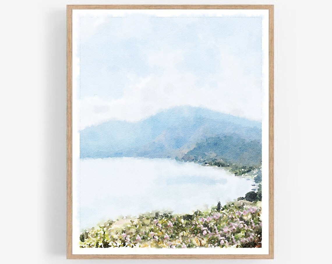 Coatepeque Lake Watercolor Painting, Tropical Landscape