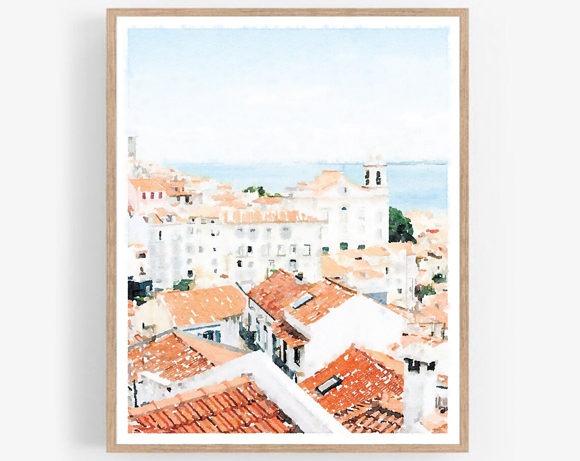 Lisbon Portugal Rooftops Sea Church Tower Watercolor Europe Wall Art