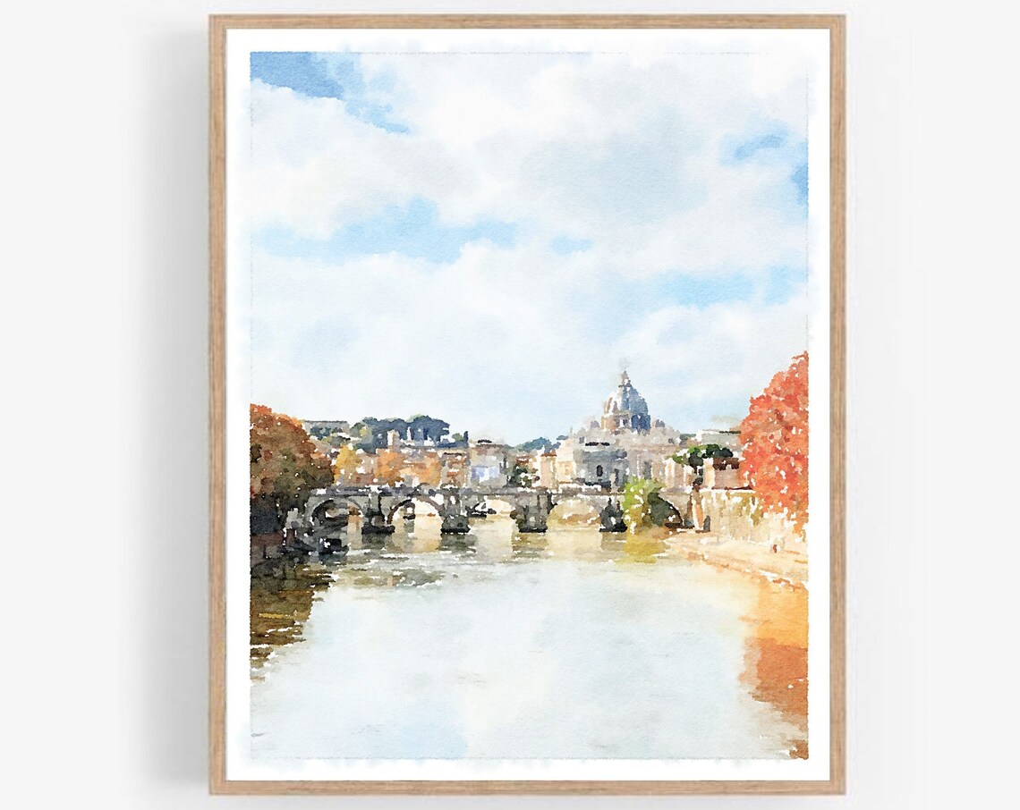 Rome Italy Watercolor Tiber River St Peters Basilica City Poster