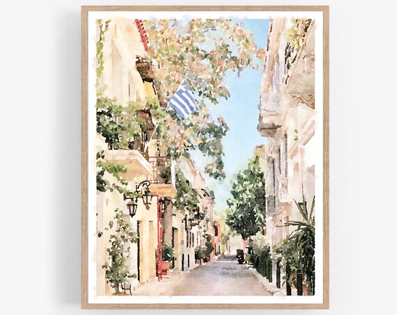 Athens Greece Street Greek Flag Whitewashed Buildings Watercolor Wall Art