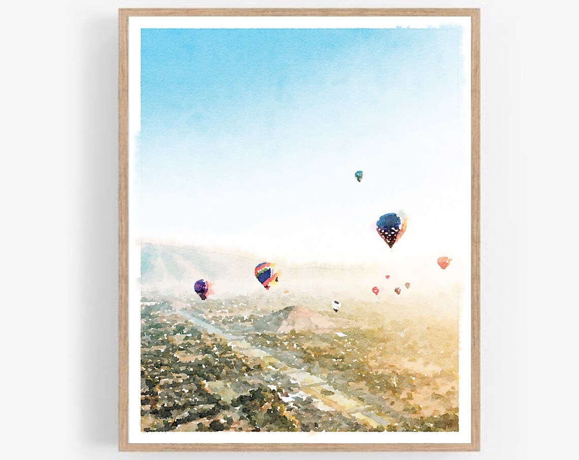 Hot Air Balloons Sunrise Watercolor Happy Landscape Travel Wall Art