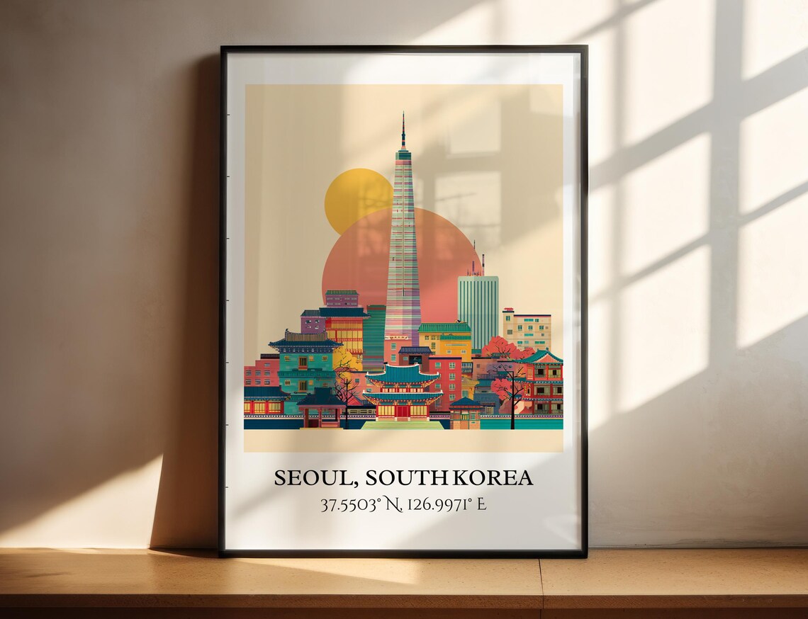 Seoul South Korea Lotte Tower Palace Rooftops Retro Travel Art Poster
