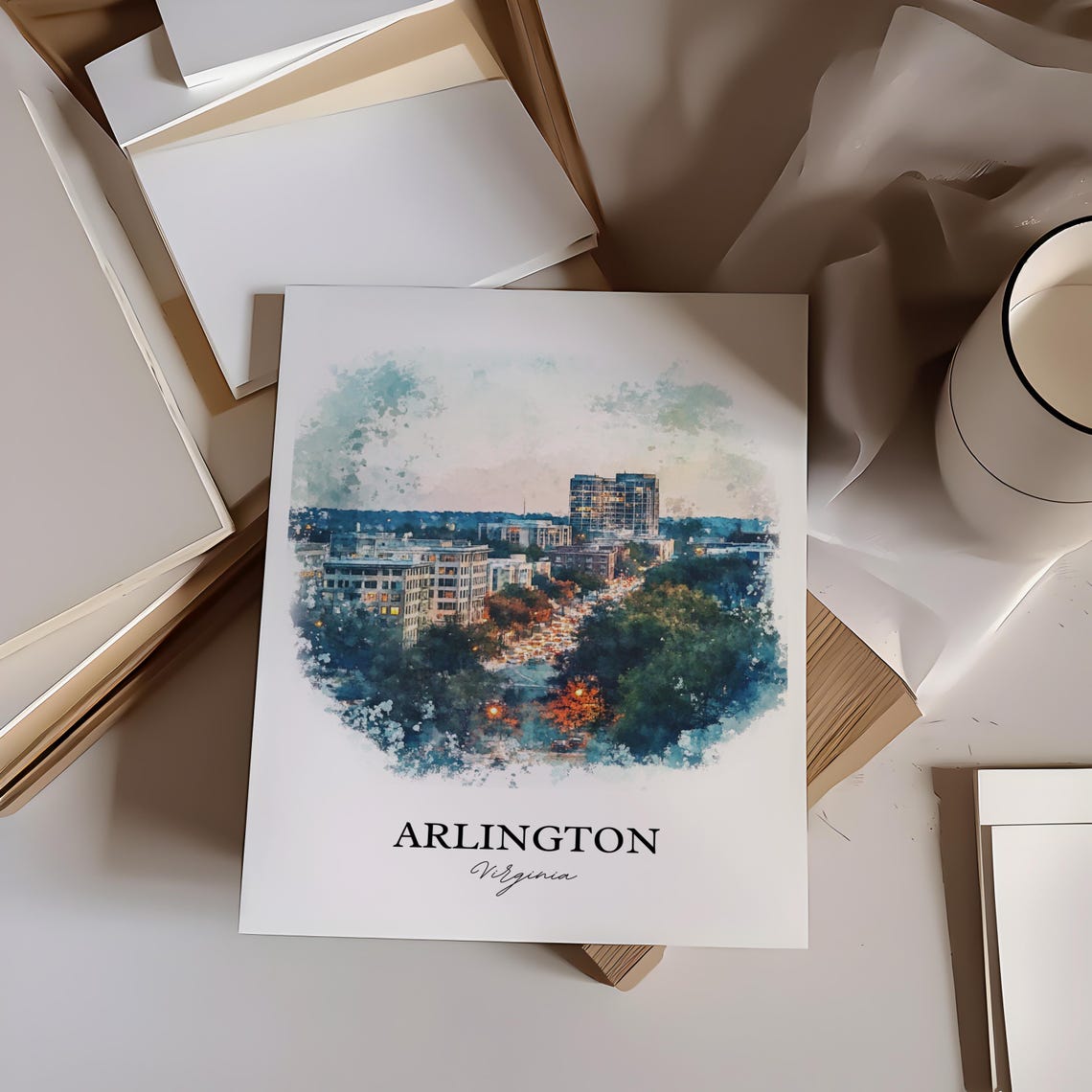 Arlington Virginia City Skyline Evening Lights Watercolor Poster - Image 4