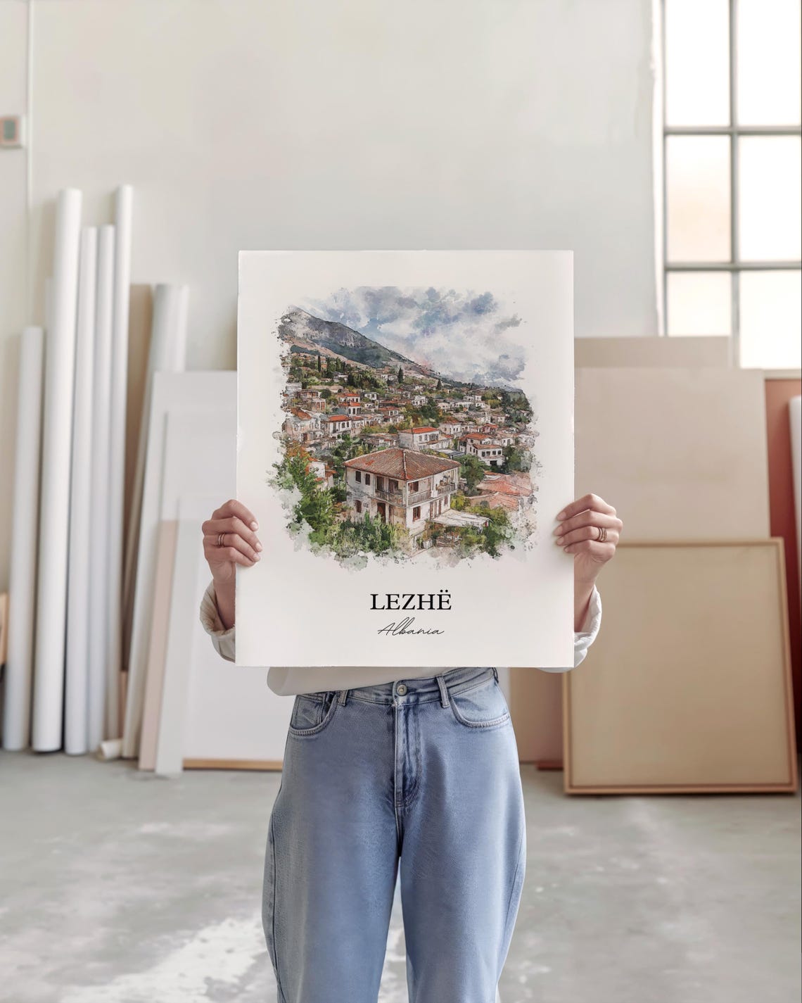 Lezhe Albania Hillside Town Watercolor Skyline Travel Art Wall Print - Image 3