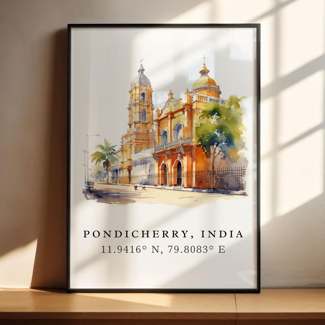 Pondicherry India Coordinates Colonial Church Watercolor Travel Poster - Image 5
