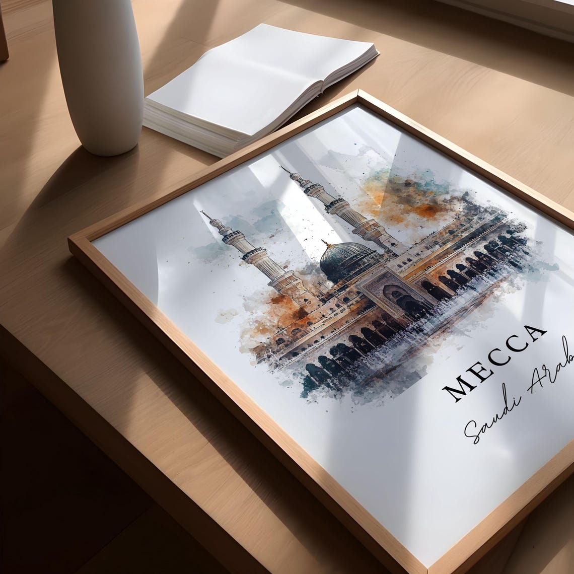 Mecca Saudi Arabia Watercolor Green Dome Mosque Prayer Art Poster - Image 5