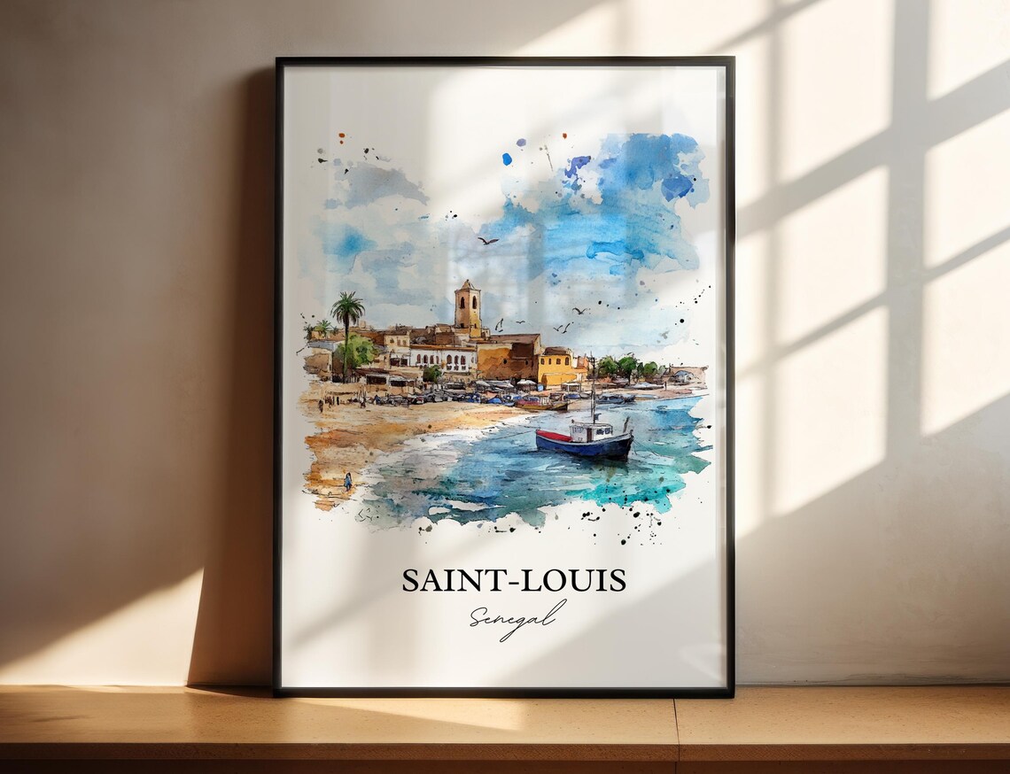 Saint Louis Senegal Beach Fishing Boats Watercolor Art Poster