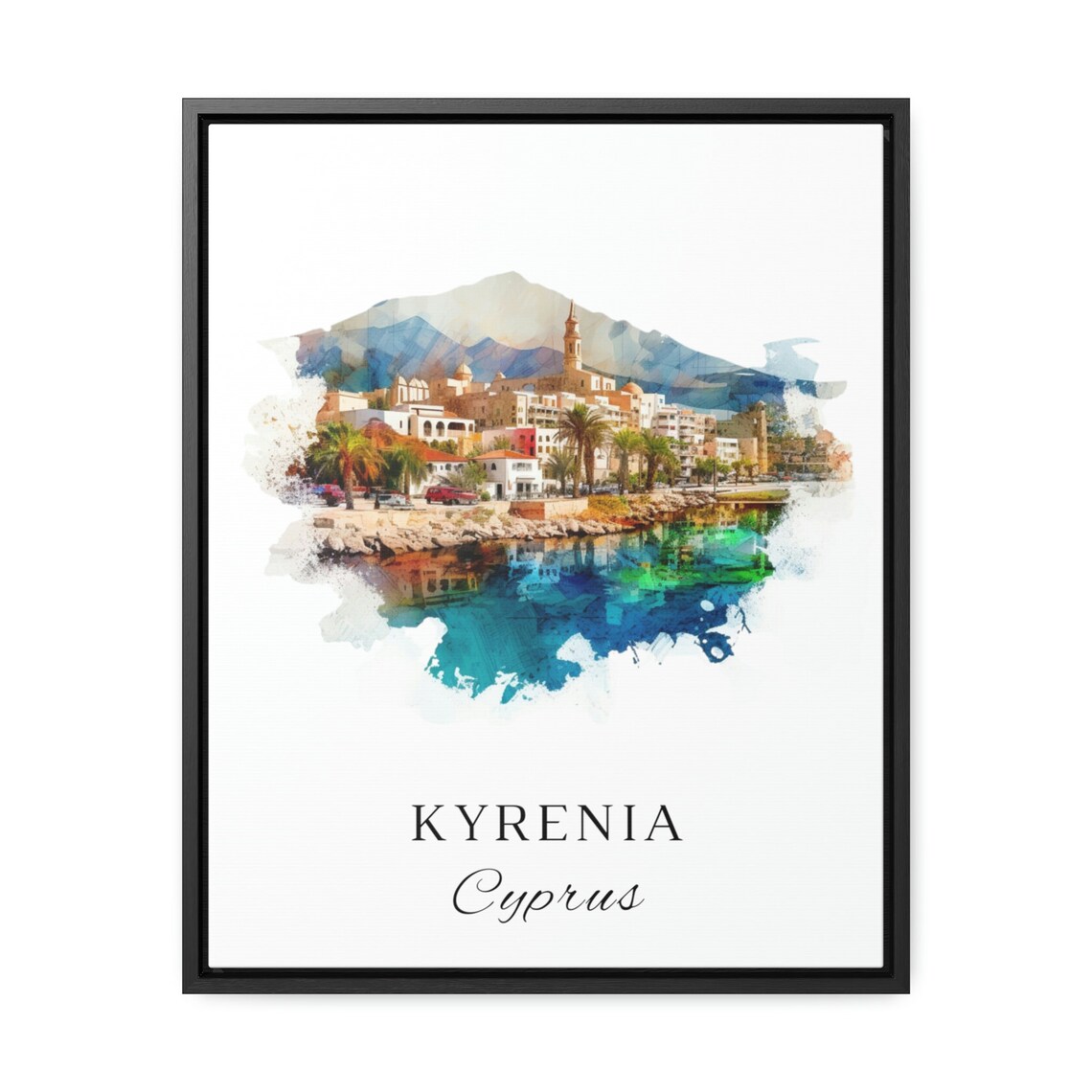 Kyrenia Cyprus Coastal Palm Town Harbor Watercolor Travel Poster - Image 2