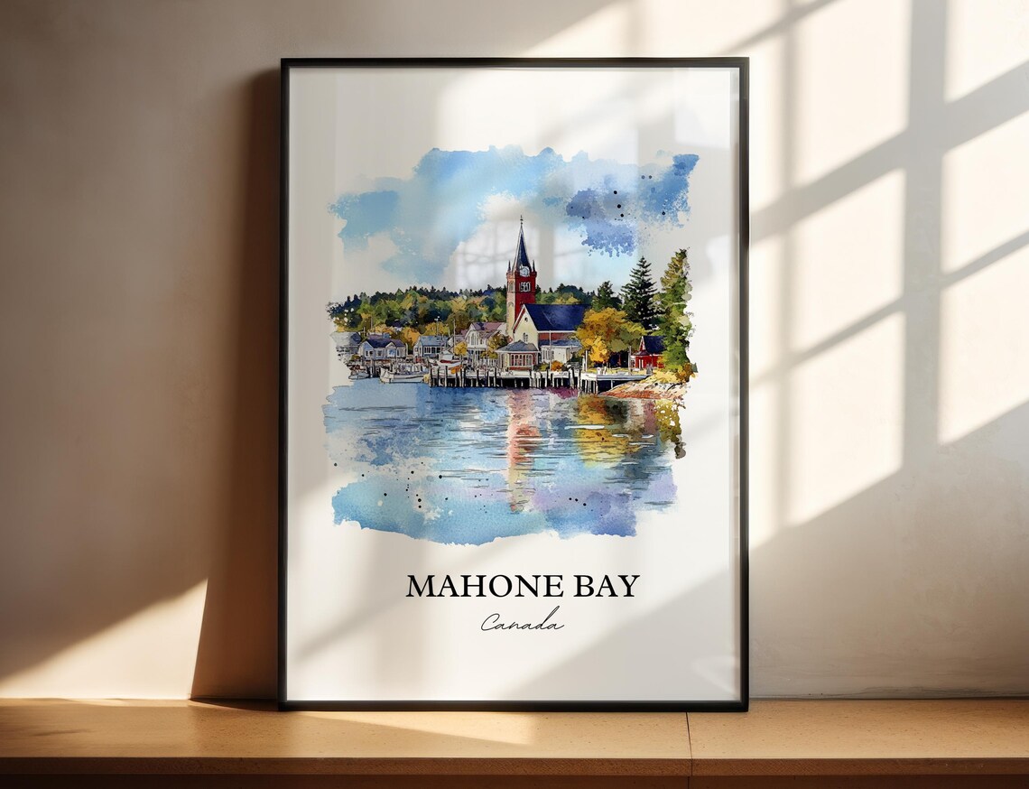 Mahone Bay Nova Scotia Harbor Church Steeple Watercolor Poster