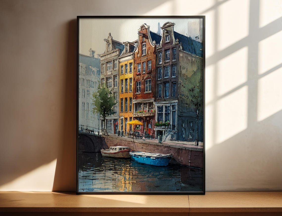 Amsterdam Canal Houses Gabled Watercolor Painting Netherlands Poster
