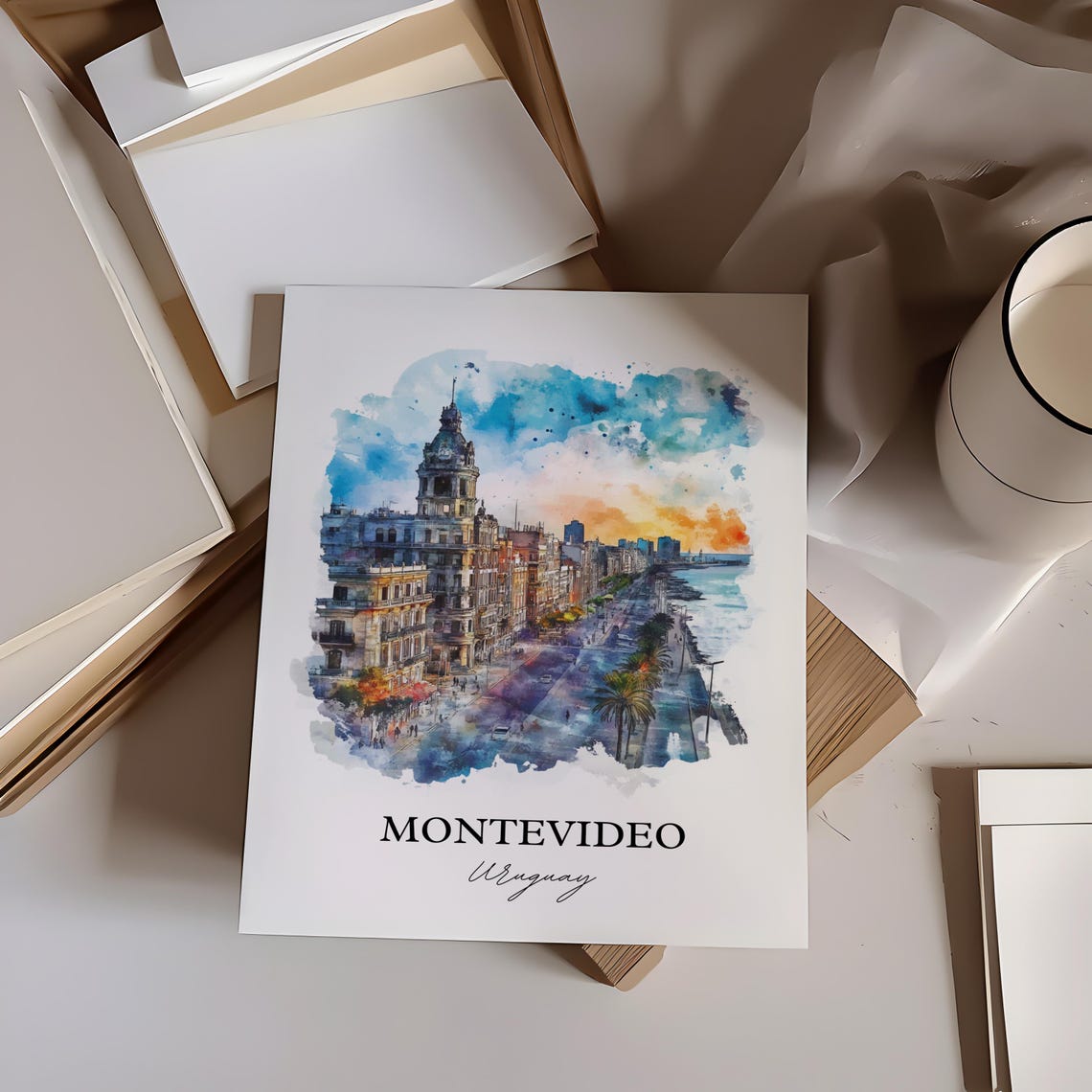 Montevideo Uruguay Rambla Sunset Seafront Watercolor Travel Poster - Image 3