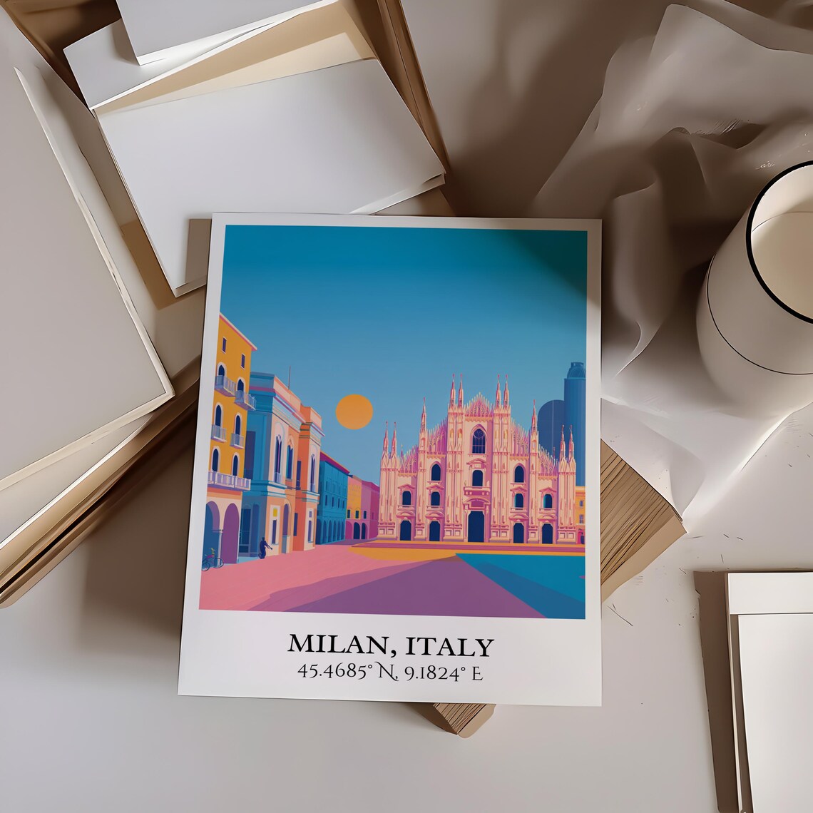 Milan Italy Cathedral Sunset Plaza Retro Travel Coordinates Art Poster - Image 4