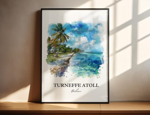Turneffe Atoll Wall Art Belize Print Watercolor Gift Travel Poster Housewarming