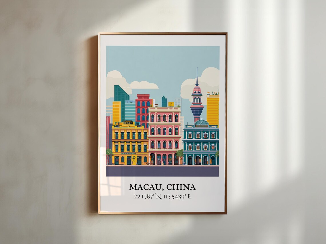 Macau China Colonial Buildings Pastel Flat Illustration Travel Poster - Image 3