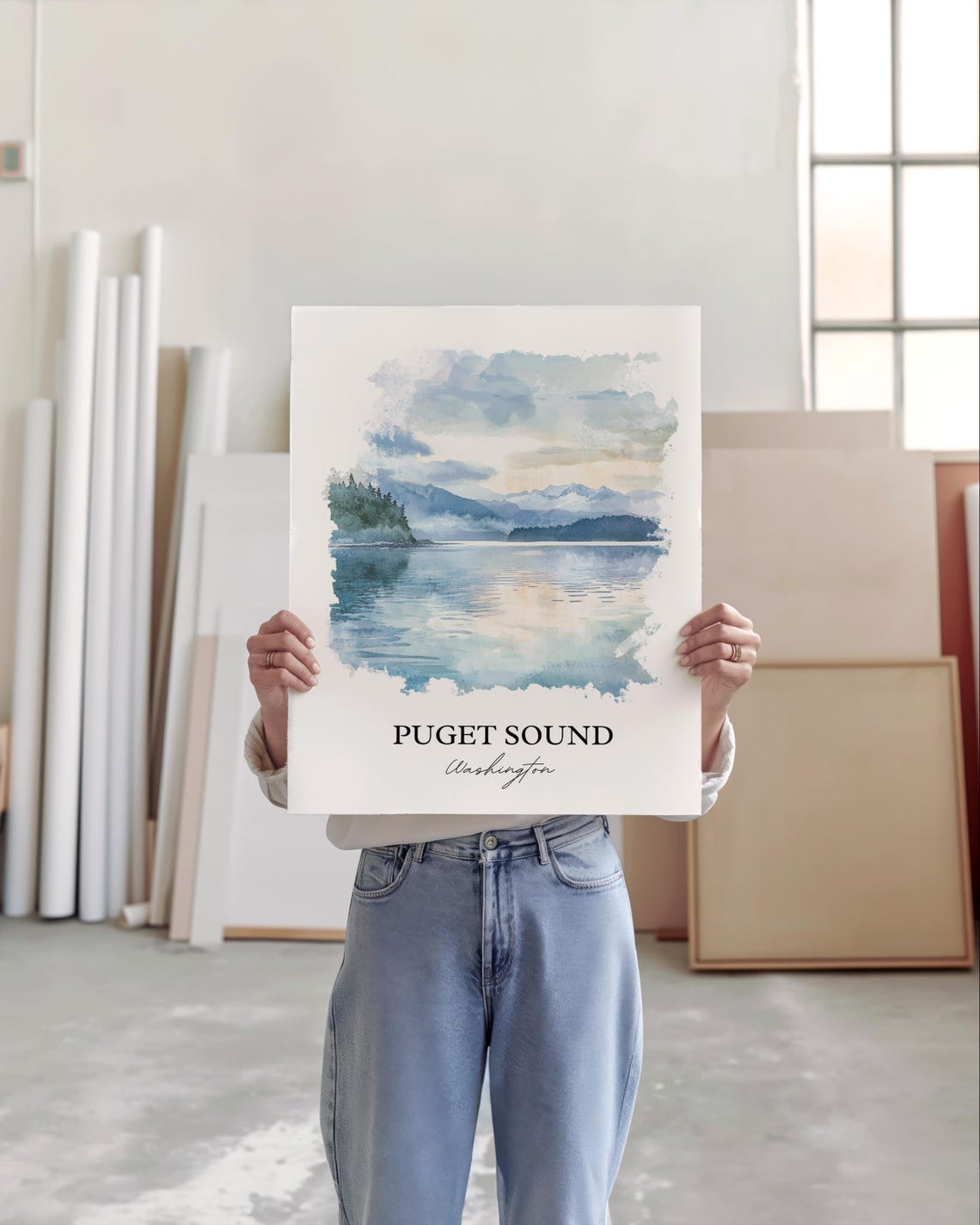 Puget Sound Washington Misty Waterfront Islands Watercolor Poster - Image 5