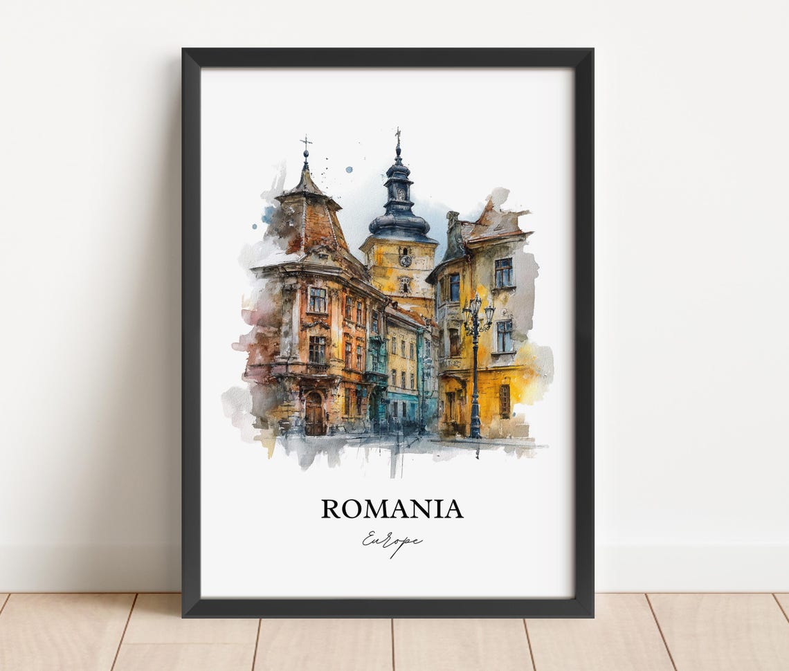 Romania Old Town Clock Tower Watercolor Historic Street Poster - Image 2