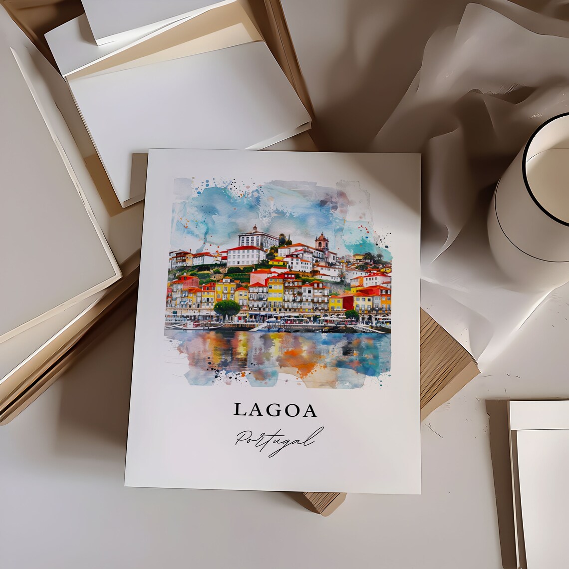 Lagoa Portugal Watercolor Riverside Town Colorful Houses Poster - Image 6