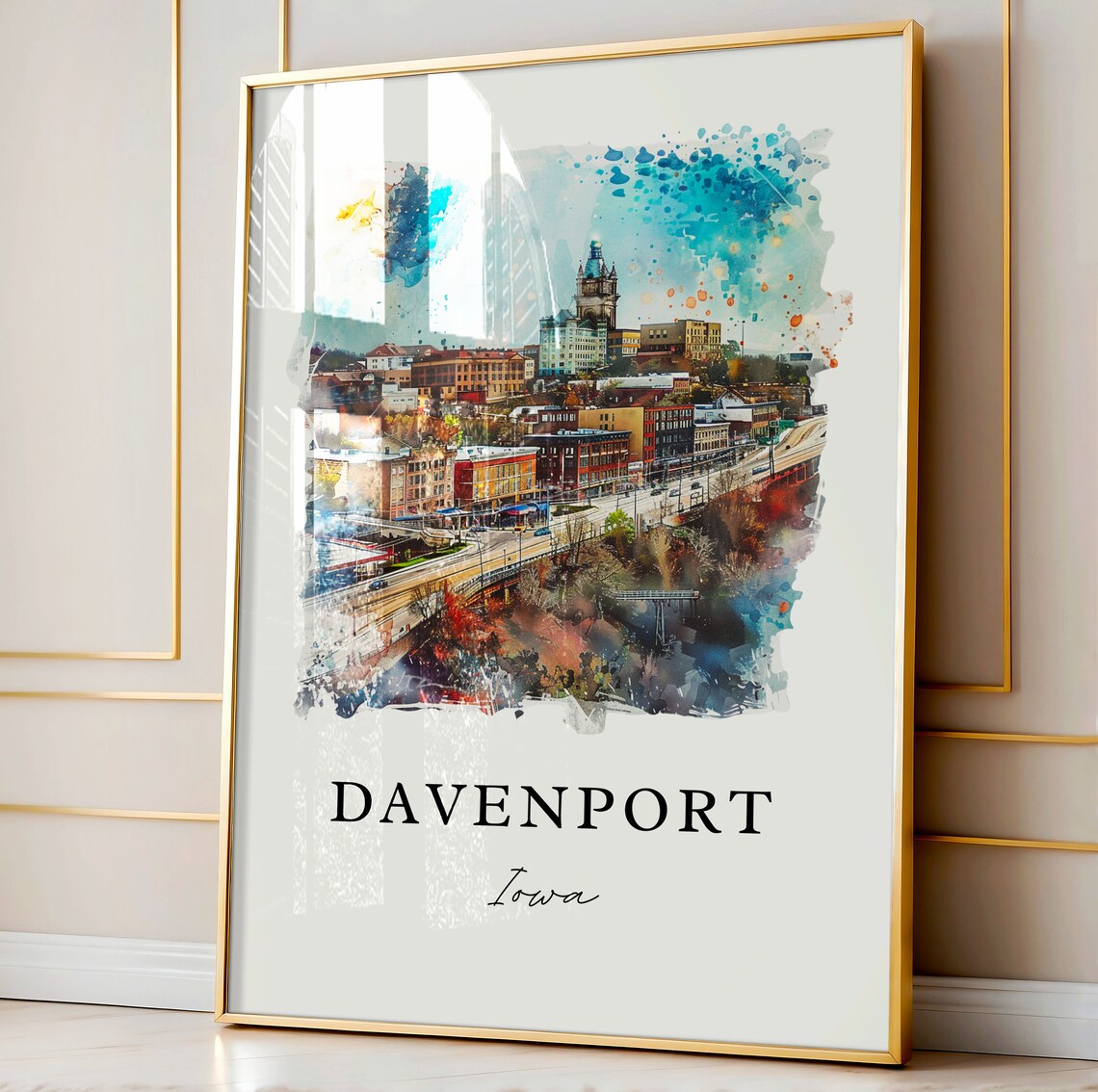 Davenport Iowa Watercolor Downtown Skyline Clock Tower Poster - Image 3