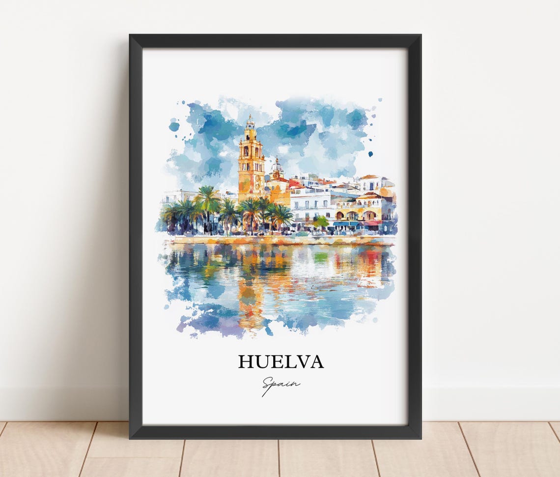 Huelva Spain Waterfront Palms Bell Tower Watercolor Travel Poster - Image 4