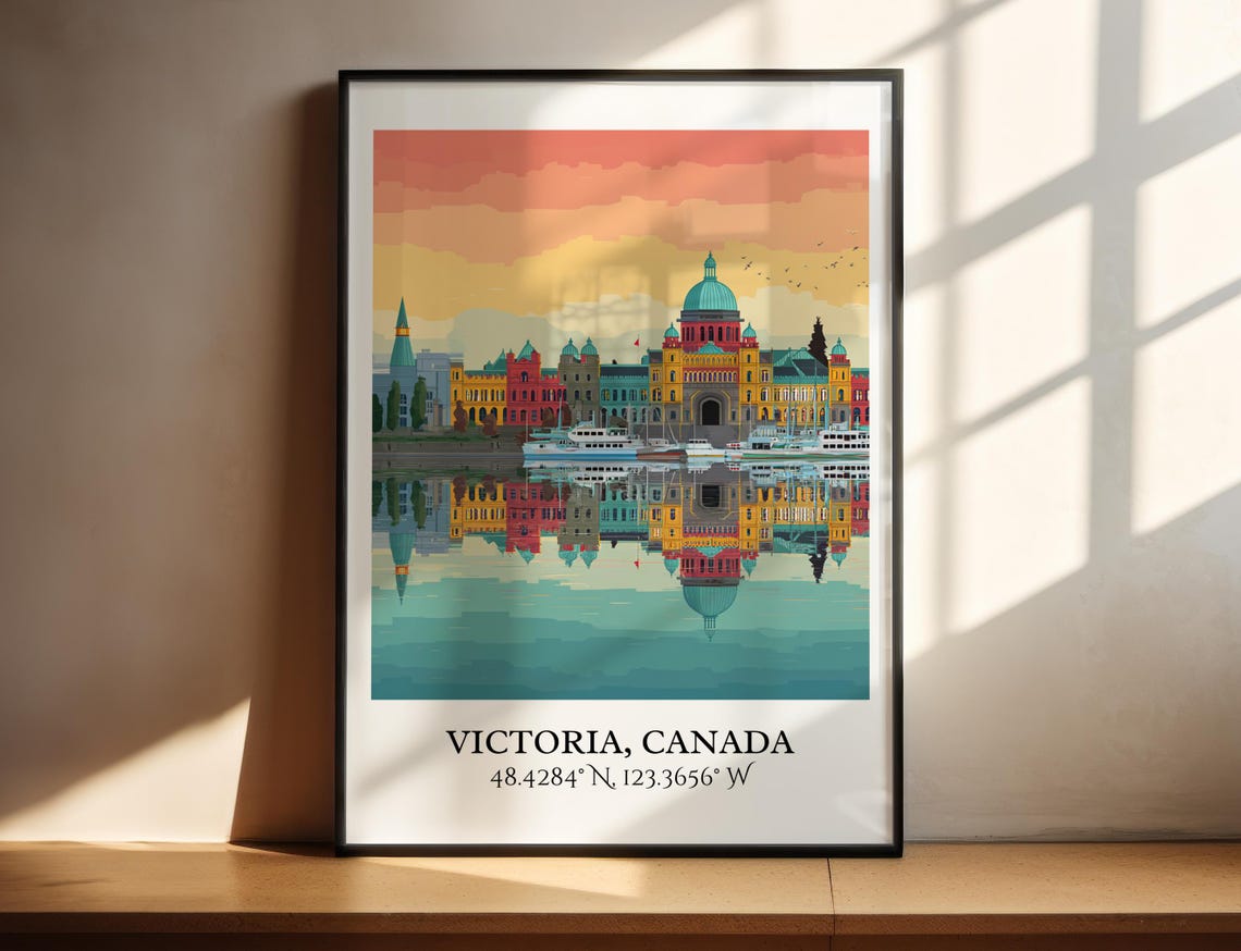 Victoria Canada Harbor Reflection Sunset Skyline Travel Poster
