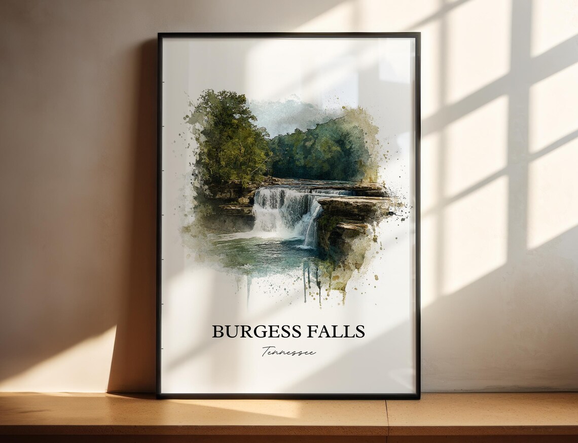 Burgess Falls Tennessee State Park Waterfall Watercolor Travel Poster