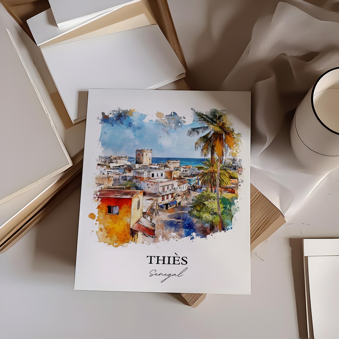 Thies Senegal African Watercolor Coastal City Palm Art Poster - Image 3