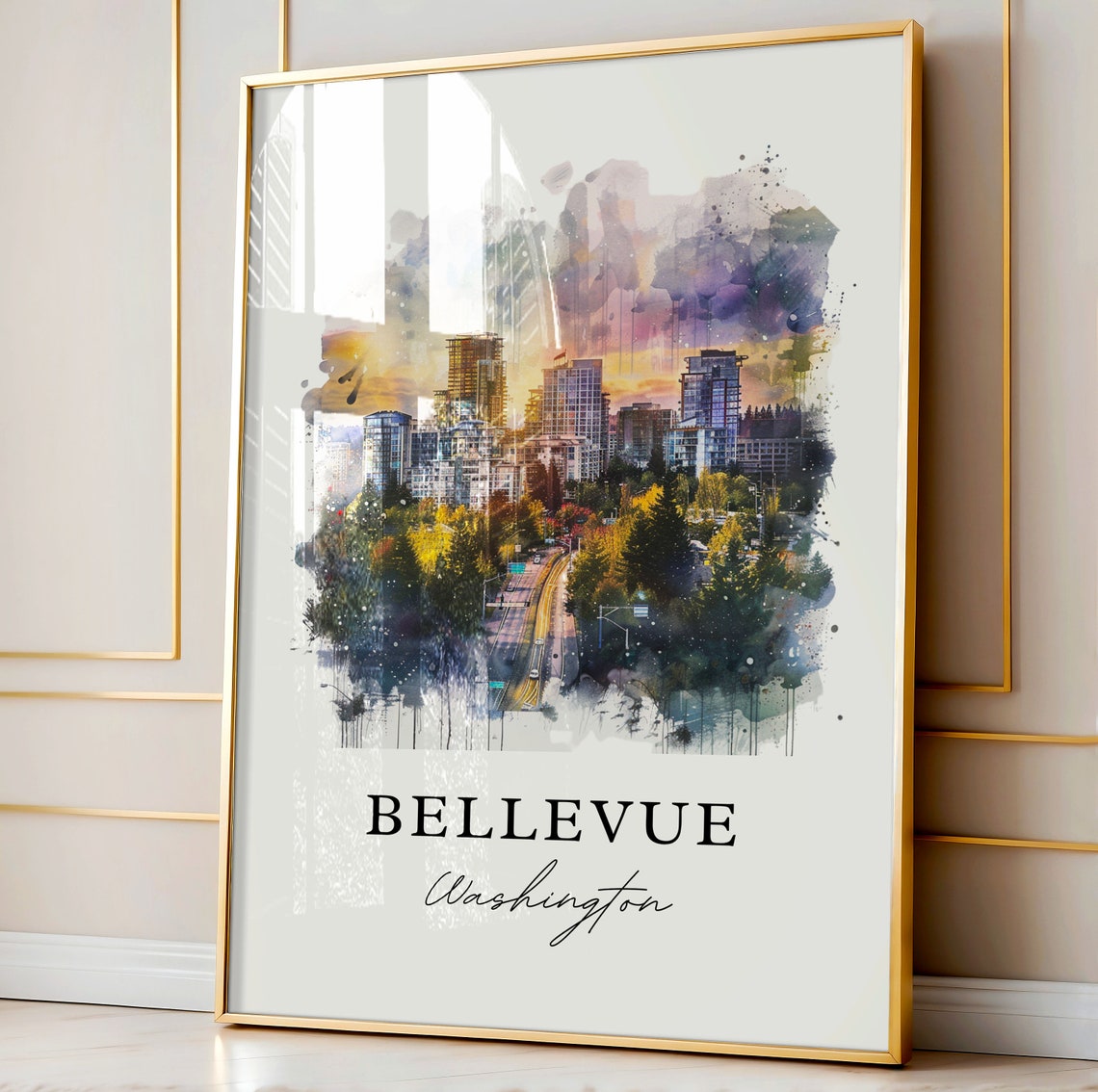 Bellevue Washington Watercolor Downtown Skyline Sunset Poster - Image 3