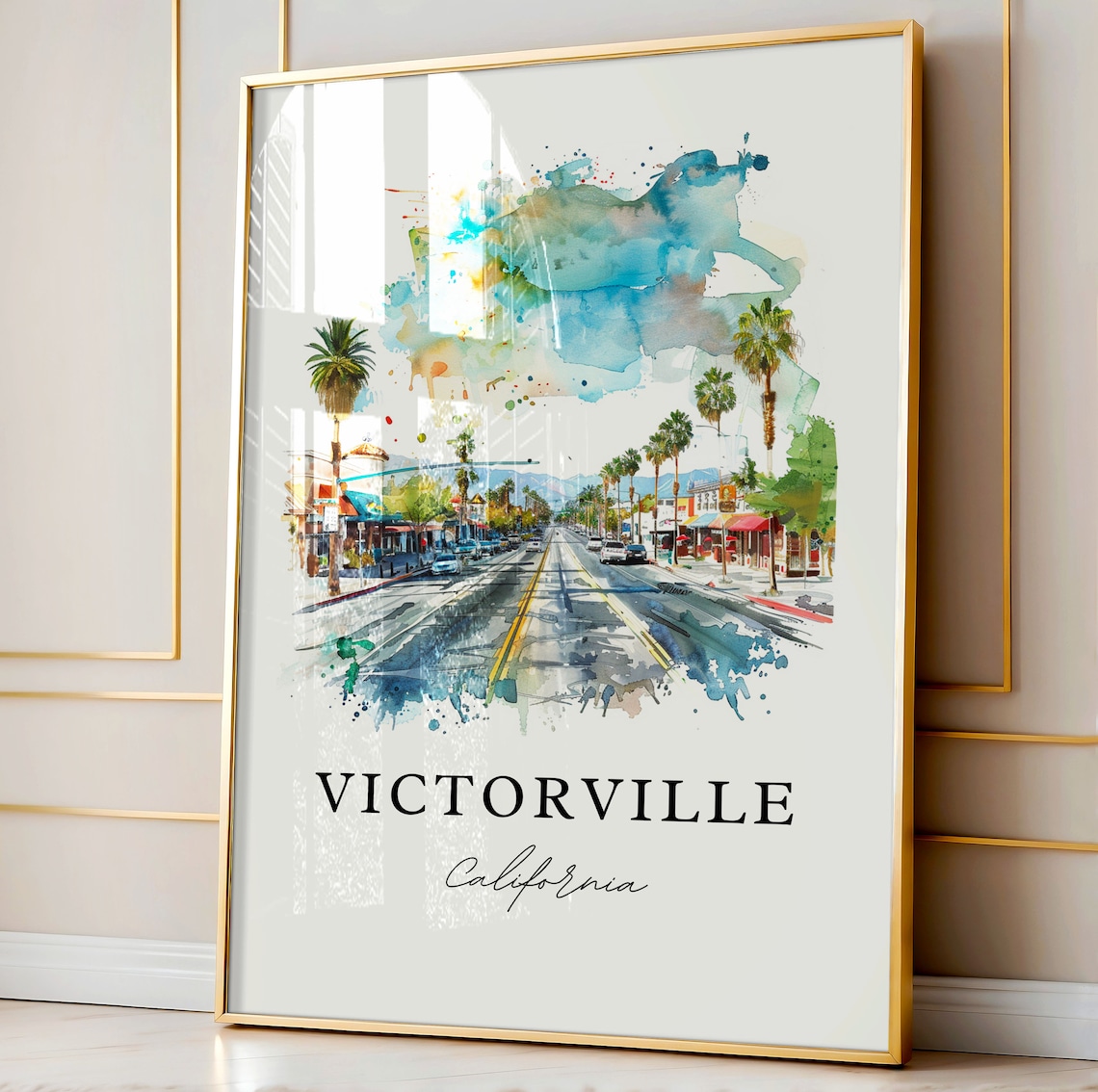 Victorville California Watercolor Main Street Palm Trees Poster - Image 3